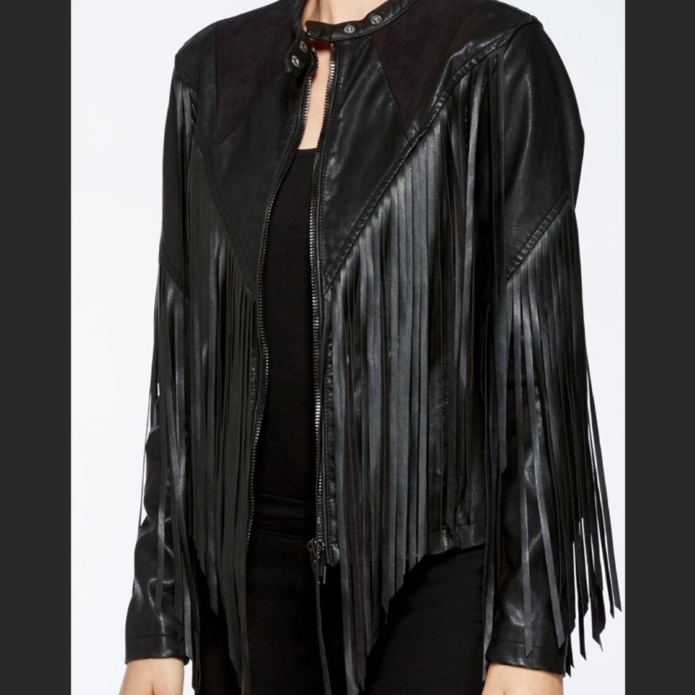 Blank NYC faux leather fringe jacket size small